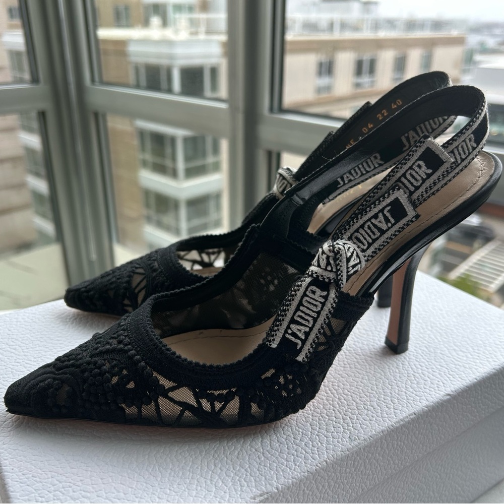 Christian Dior J’Adior Black Macramé Embroidered Cotton Slingback Pump | Size 9